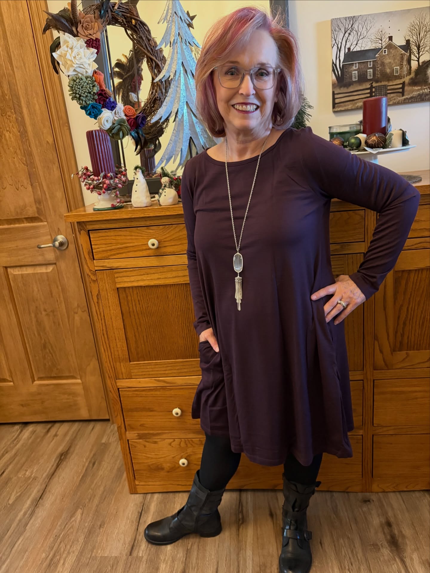 A Day for wine and roses?  Well, I used to be a Rose, and my dress is Merlot so I think the song fits!  It’s Day 7 of the #100daydresschallenge and I went simple.  I just added a necklace because it’s going to be a day of blog writing and such.  And, it’s too cold to go outside! @wool.and #rowenadress #styleoversixty #over60style #over60andfabulous #over60andlovingit #styleatanyage #silversisters #fabulousinmy60s
