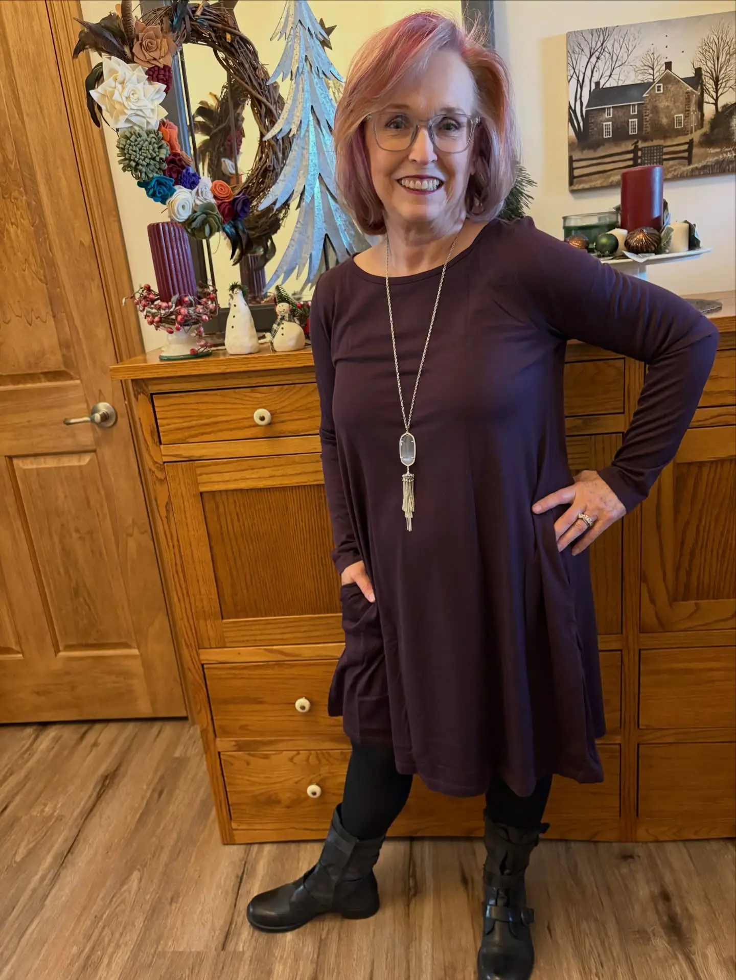 A Day for wine and roses?  Well, I used to be a Rose, and my dress is Merlot so I think the song fits!  It’s Day 7 of the #100daydresschallenge and I went simple.  I just added a necklace because it’s going to be a day of blog writing and such.  And, it’s too cold to go outside! @wool.and #rowenadress #styleoversixty #over60style #over60andfabulous #over60andlovingit #styleatanyage #silversisters #fabulousinmy60s