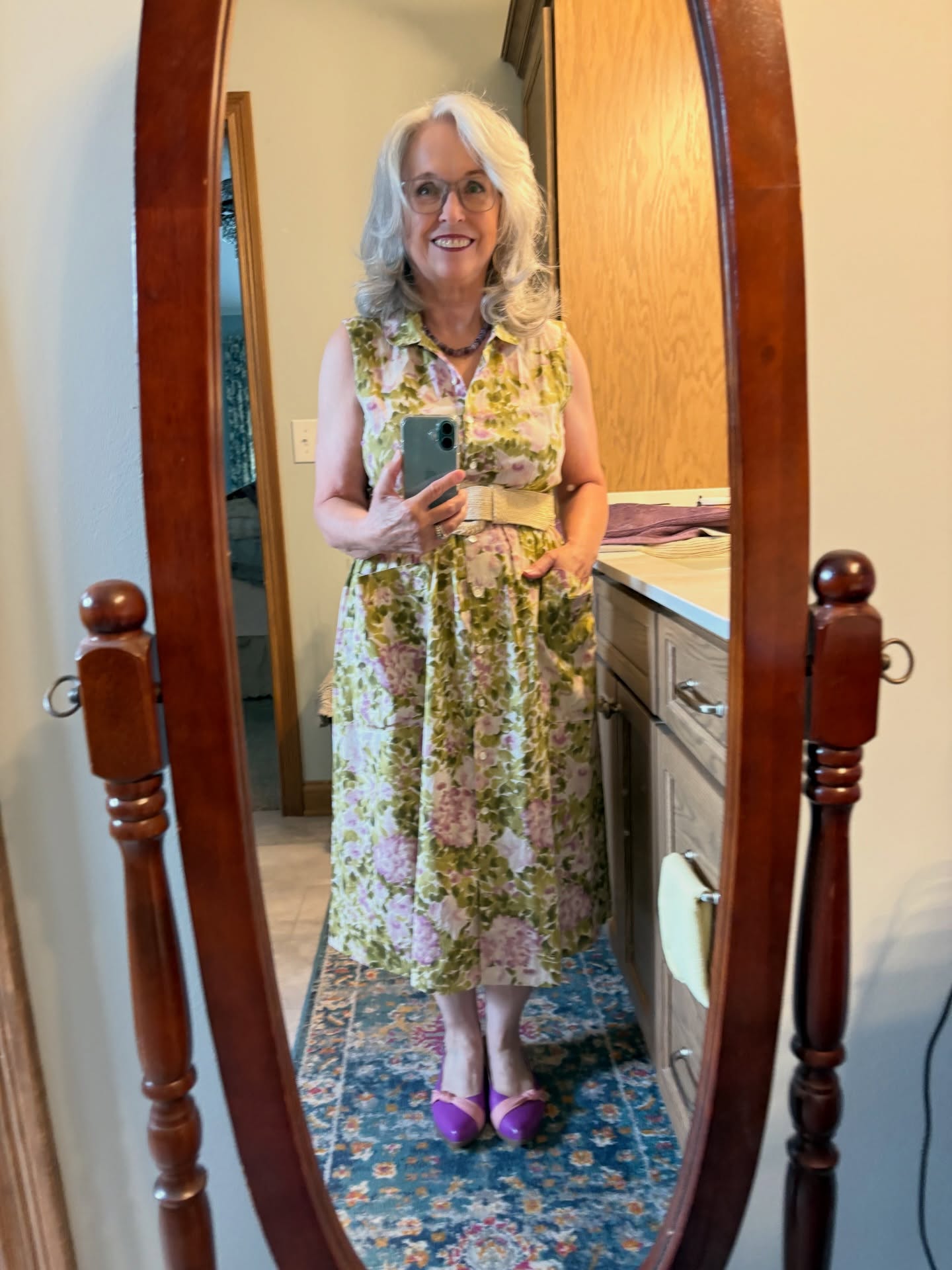 I was going to pack this @april.cornell dress away in my archives.  Then, I remembered @nancysstyle suggested wearing a belt with a different dress.  So, I tried that with this one, and I got so many compliments on it.  It’s not quite vintage, but I bought it almost two decades ago. That belt gave it new life!  BTW, if you’re looking for a link party, head over to the blog and link away. Just click on the link!  @trulyameliarose #almostvintage #addabelt #fashionfiles #oversixtyandfabulous