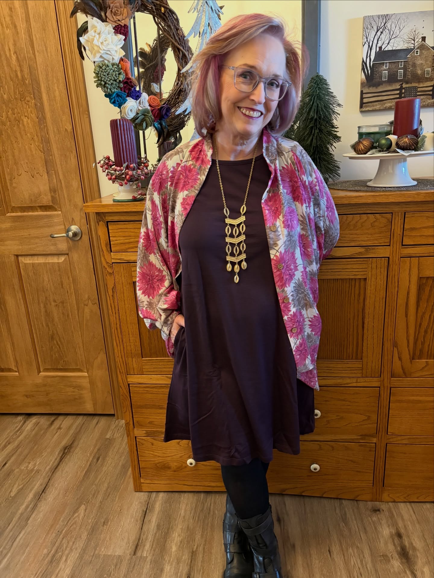 Day 4 of the #100daydresschallenge and I’ve paired my @wool.and Rowena with a Kantha Bae silk top.  Maybe not a knockout, but it was a good look for a bit of Christmas shopping. #rowenadress #styleoversixty #oversixtystyle #fashionablyinmysixties