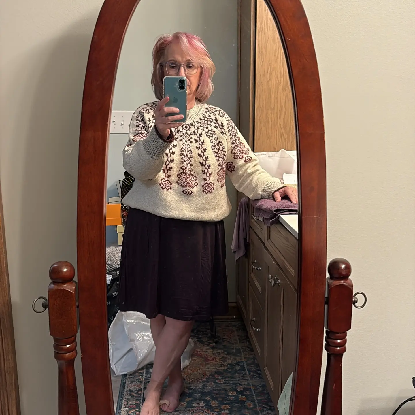 It’s still cold so I layered a sweater over my @wool.and dress for Day 8 of the #100daydresschallenge but I need to get some tights on, too!  Thursday, we could have thunderstorms!  The weather is a little confused.  #styleover60 #Over60 andStylish #over60style #over60andfabulous #styleatanyage #WearASweaterOverYourDress #silversisters #hundreddaydresschallenge