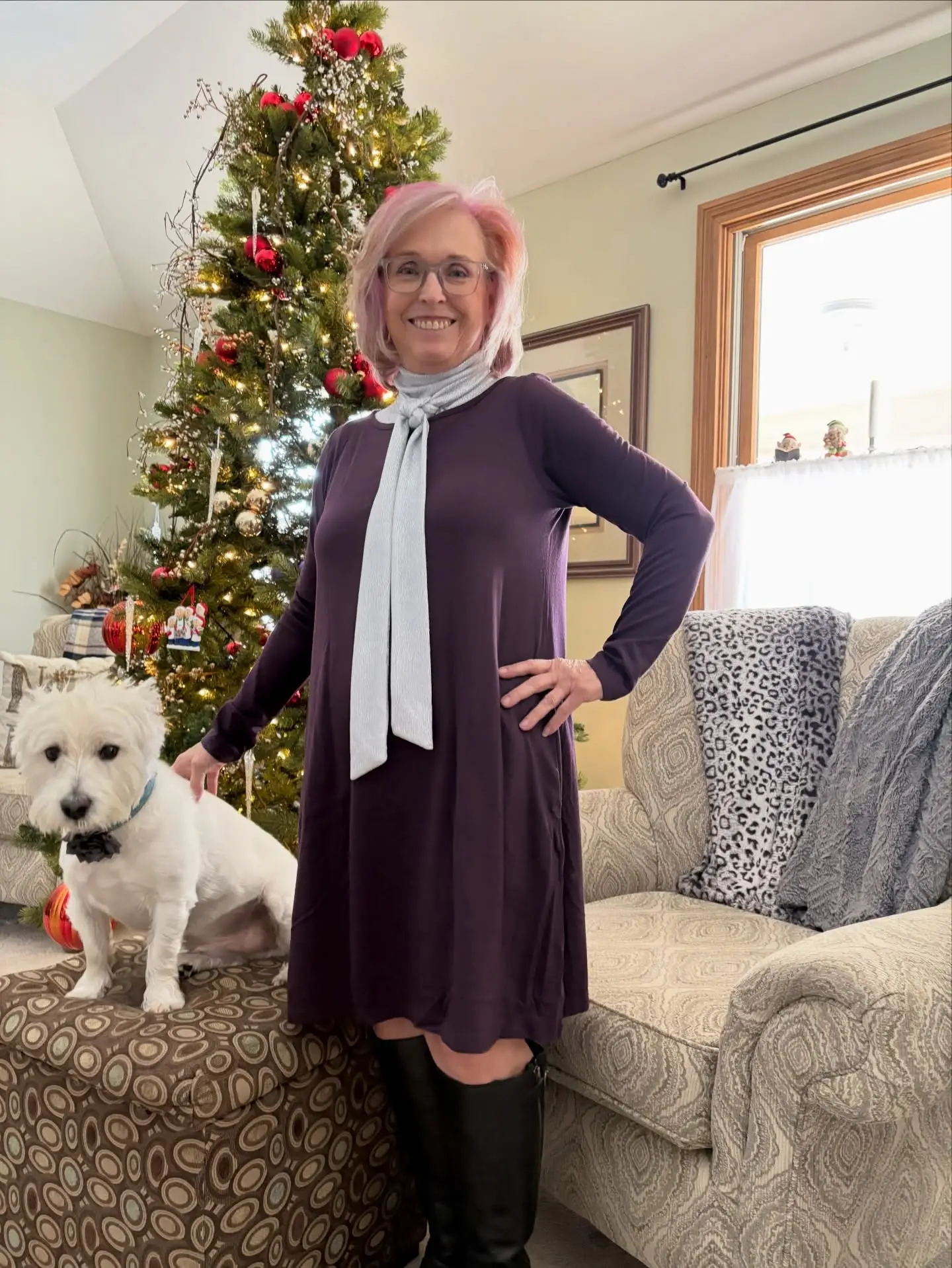 This little guy…he’s my pal.  His birthday is Christmas Day so he’ll be seven this year.  It’s Day 8 of the #100daydresschallenge and I’m wearing a sparkly top from @clarasunwoo underneath my Rowena dress.  The top has just the right amount of sparkle for a party, right?  @wool.and #styleover60 #over60style #over60andfabulous #styleatanyage #silversisters #rowenadress #addsomesparkle #ishallwearwhatiwant #over60andfeelingfabulous #styleover60blogger