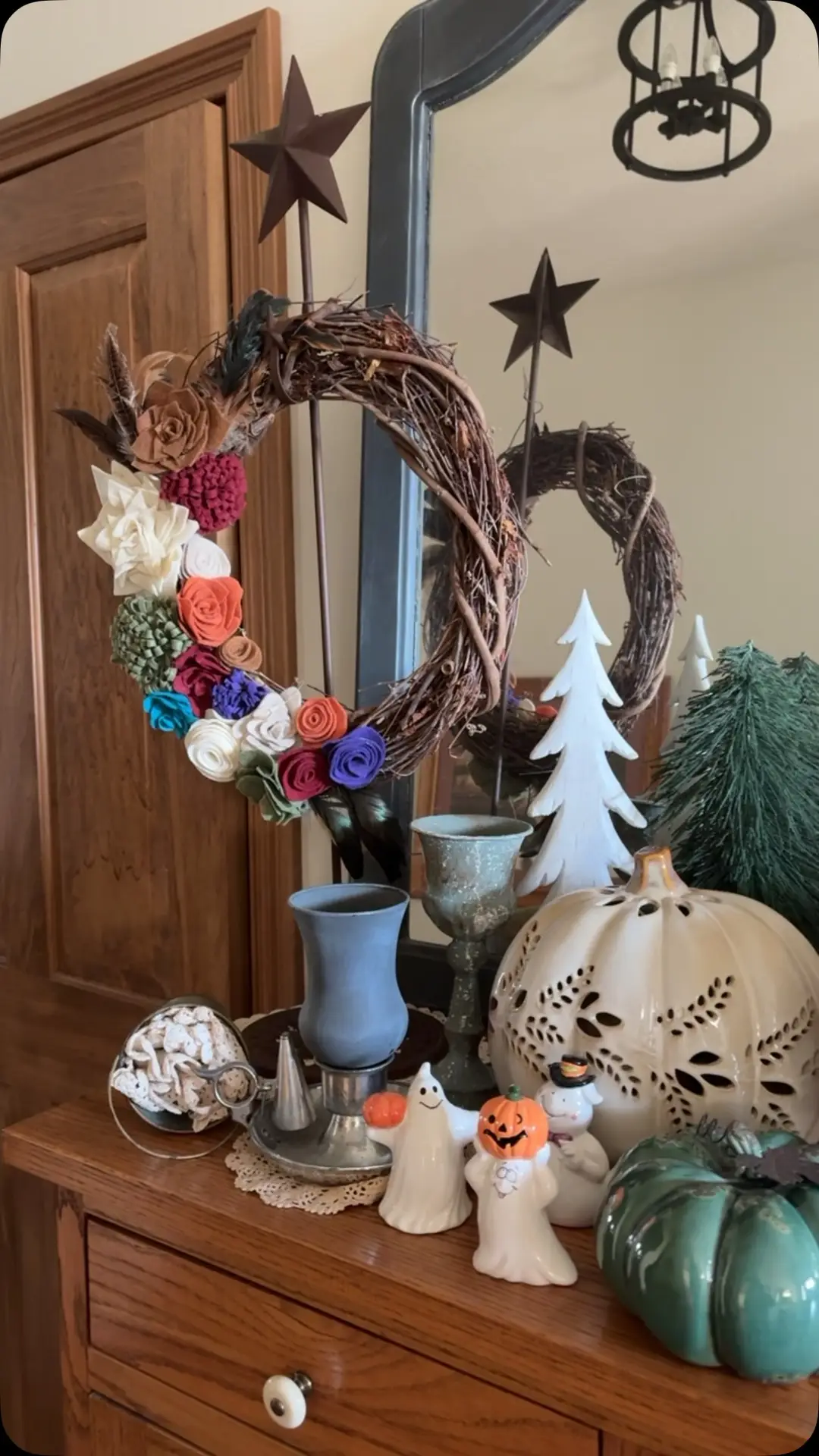 One of my pumpkin patches!  This is many years of collecting and making!  I made the wreath from felt and some feather inserts.  Decoupaging pumpkins with fall inspired napkins is mess but worth the effort.  And, then, I discovered @mackenziechilds pumpkins!  I branched out into color this year!  It’s the time for pumpkins, my friends! #pumpkinpatch #stylingmorethanme #hyggepumpkinstyle #indianapolisfashionblogger
